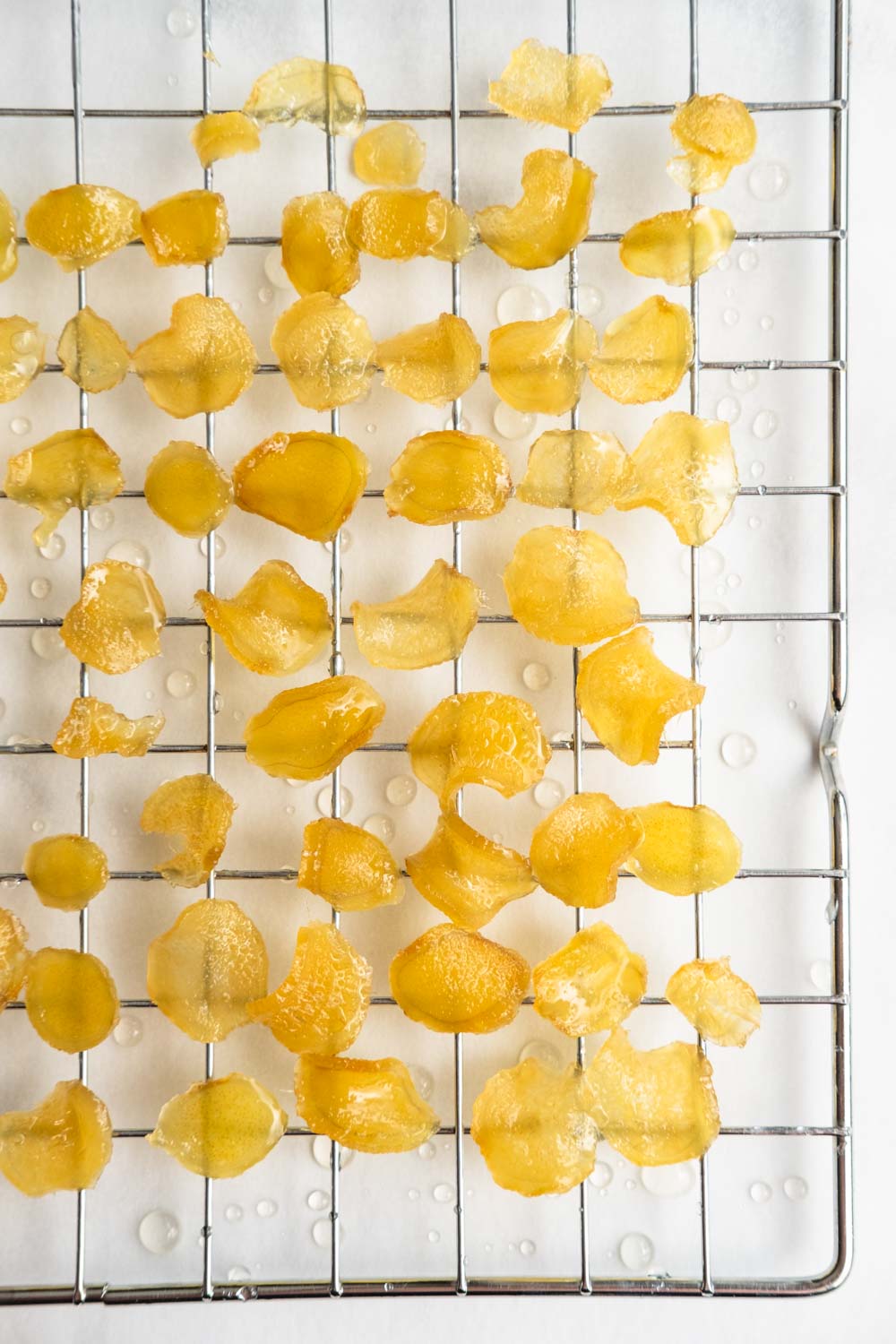 The the candied ginger slices to dry before coating with sugar.