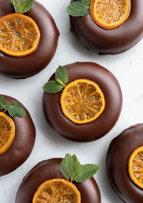 chocolate donuts with candied orange and ginger